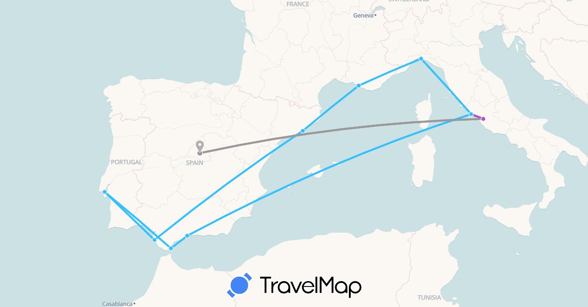 TravelMap itinerary: driving, plane, train, boat in Spain, France, Gibraltar, Italy, Portugal (Europe)