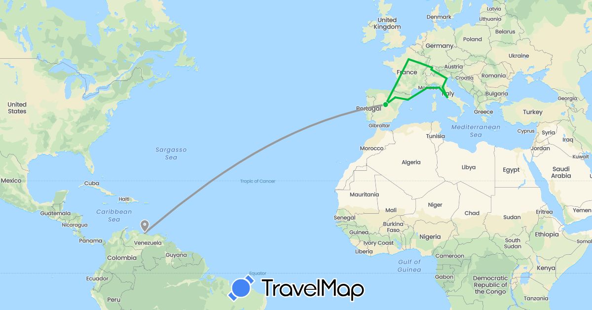 TravelMap itinerary: driving, bus, plane in Switzerland, Spain, France, Italy, Venezuela (Europe, South America)